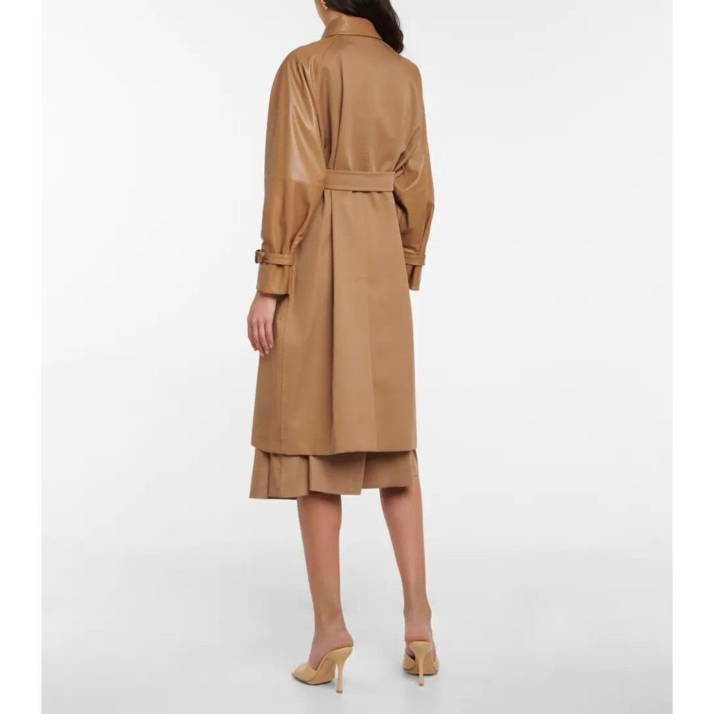 Max Mara Lichene Cotton & Leather Tan Belted Trench Coat Classic Size 8 - Picture 3 of 16